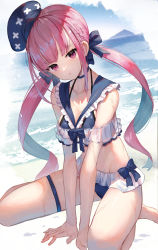 1girl absurdres bare_legs between_legs bikini bikini_skirt blue_bikini blue_bow blue_choker blue_hair blue_hat blue_ribbon blue_sailor_collar blush bow breasts choker closed_mouth colored_inner_hair commentary frilled_sailor_collar frills hair_ribbon halterneck hand_between_legs hat head_tilt highres hololive long_hair looking_at_viewer medium_breasts minato_aqua multicolored_hair pink_hair purple_eyes ribbon sailor_bikini sailor_collar scottie_(phantom2) sitting solo swimsuit thigh_strap twintails v_arms very_long_hair virtual_youtuber wariza rating:Sensitive score:22 user:danbooru