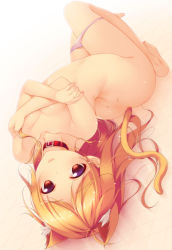 1girl animal_ears arched_back ass bad_id bad_pixiv_id blonde_hair blush breasts cat_ears cat_tail cleavage collar collarbone covering_privates covering_breasts crossed_arms eyebrows full_body highres kemonomimi_mode konjiki_no_yami long_hair looking_at_viewer panties panty_pull red_eyes shokuyou_mogura small_breasts smile solo tail to_love-ru topless underwear upside-down white_panties rating:Questionable score:99 user:danbooru