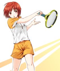  1girl anibache baby_steps commentary_request holding looking_to_the_side open_mouth orange_shorts racket red_eyes red_hair shimizu_aki_(baby_steps) shirt short_hair short_sleeves shorts solo sportswear standing sweat swinging tennis_racket tennis_uniform white_shirt 