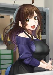  1girl ahoge alternate_costume apron black_apron black_nails blush breasts brown_eyes brown_hair commentary_request contemporary from_side happy highres indoors izawa_(bhive003) kono_subarashii_sekai_ni_shukufuku_wo! large_breasts long_hair long_sleeves looking_at_viewer nail_polish open_mouth own_hands_together smile solo sweater wiz_(konosuba)  rating:Sensitive score:25 user:danbooru
