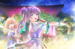  2girls :d aqua_eyes blue_dress crossed_bangs cube_hair_ornament dress game_cg genyo_yako_(love_live!) green_eyes hair_bun hair_ornament hairclip highres hinoshita_kaho holding holding_microphone lens_flare link!_like!_love_live! long_hair love_live! medium_hair microphone multicolored_clothes multicolored_dress multiple_bracelets multiple_girls nebula night night_sky official_art open_mouth orange_hair otomune_kozue outstretched_arm purple_dress purple_hair side_ponytail sidelocks single_side_bun sky smile solo_focus star_(sky) starry_sky teeth third-party_source two_side_up upper_body upper_teeth_only virtual_youtuber white_dress 