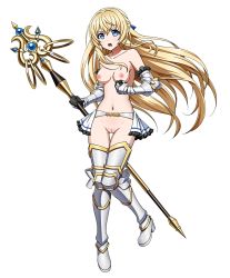  1girl absurdres armor blonde_hair blue_bow blue_eyes boots bow breasts cleft_of_venus clenched_hand collarbone dot_nose female_focus full_body functionally_nude gauntlets gluteal_fold goblin_slayer! hair_bow hair_ornament highres holding holding_staff legs_apart long_hair looking_at_viewer medium_breasts navel nipples no_panties nude nude_filter open_mouth priestess_(goblin_slayer!) pussy shiny_skin simple_background solo staff teeth thigh_boots thigh_gap thighhighs third-party_edit tongue transparent_background uncensored weapon  rating:Explicit score:87 user:Holdencfield