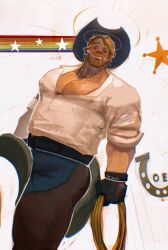  1boy bara beard brown_hair covered_erect_nipples cowboy_hat cowboy_western crotchless crotchless_pants facial_hair feet_out_of_frame fish_bone from_side full_beard halo hat highres large_pectorals leather lgbt_pride looking_at_viewer male_focus mature_male mouth_hold muscular muscular_male original pants pectoral_cleavage pectorals rainbow_flag rope skitsoepic solo sparse_chest_hair sunburst thick_eyebrows tight_clothes tight_pants tsurime 