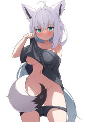  1girl absurdres ahoge animal_ear_fluff animal_ear_piercing animal_ears aqua_eyes arm_behind_back black_panties black_shirt blush breasts clothes_lift collarbone commentary_request contrapposto convenient_censoring crossed_bangs eru_(l_illust45) fox_ears fox_girl fox_tail hair_between_eyes highres hololive knees_out_of_frame large_breasts long_hair looking_at_viewer low_ponytail navel no_bra off_shoulder official_alternate_costume panties panty_pull pentagram puckered_lips shirakami_fubuki shirakami_fubuki_(loungewear) shirt shirt_lift sidelocks simple_background solo standing t-shirt tail tail_censor underwear very_long_hair virtual_youtuber white_background white_hair  rating:Questionable score:43 user:danbooru