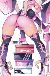 10s 1girl adapted_costume ankle_boots arm_support ass bent_over boots breasts cameltoe hat high_heel_boots high_heels highres holster hot_vr jakuzure_nonon jakuzure_nonon_(symphony_regalia) kill_la_kill leotard looking_at_viewer medium_breasts open_mouth pantyhose pink_eyes pink_hair revealing_clothes shako_cap shoes shoulder_holster sideboob simple_background skull_print sneakers solo thong_leotard twisted_torso wide_hips rating:Sensitive score:292 user:fakyuh