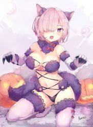 1girl animal_ears bare_shoulders black_panties blush breasts cleavage commentary fate/grand_order fate_(series) fingernails fur fur_trim gloves hair_over_one_eye halloween_costume highres jack-o&#039;-lantern kimoshi kneeling lace lace-trimmed_legwear lace_trim large_breasts long_fingernails looking_at_viewer mash_kyrielight mash_kyrielight_(dangerous_beast) navel o-ring o-ring_top official_alternate_costume open_mouth panties purple_eyes purple_gloves purple_hair purple_thighhighs short_hair solo tail thighhighs underwear wolf_ears wolf_tail rating:Questionable score:41 user:danbooru