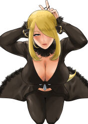  1girl absurdres arms_up black_pants blonde_hair breasts cleavage coat creatures_(company) cynthia_(pokemon) fur-trimmed_coat fur_collar fur_trim game_freak grey_eyes hair_ornament hair_over_one_eye heart heart-shaped_pupils highres large_breasts licking_lips long_bangs nintendo pants pokemon pokemon_dppt pov revision sexually_suggestive sidelocks simple_background solo symbol-shaped_pupils tongue tongue_out tying_hair wasabishouyu white_background 