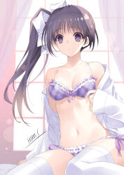  1girl absurdres black_eyes bow bra breasts cleavage collarbone frilled_panties frills grey_hair hair_bow highres itou_noemi lens_flare long_hair long_sleeves navel panties parted_lips plaid plaid_bra plaid_panties purple_bra purple_panties side-tie_panties side_ponytail signature sitting sleeves_past_wrists small_breasts solo strap_slip suzuhira_hiro thighhighs underwear white_bow white_thighhighs with_you 