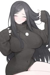  1girl absurdres black_panties black_sweater blush breasts closed_eyes closed_mouth covered_navel highres jewelry large_breasts long_hair necklace original panties parted_bangs rabbit_(wlsdnjs950) ribbed_sweater sitting sleeves_past_wrists smile sweatdrop sweater thighs turtleneck turtleneck_sweater underwear white_background  rating:Sensitive score:54 user:danbooru