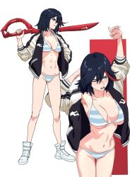  1girl absurdres argent_moon arms_up bikini black_hair black_jacket blue_eyes breasts cleavage commentary english_commentary hand_in_pocket highres jacket kill_la_kill large_breasts matoi_ryuuko multicolored_clothes multicolored_hair multicolored_jacket multiple_views navel open_clothes open_jacket over_shoulder red_background red_hair scissor_blade_(kill_la_kill) short_hair simple_background streaked_hair stretching striped_bikini striped_clothes swimsuit two-tone_background two-tone_jacket weapon weapon_over_shoulder white_background white_footwear white_jacket 