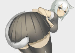  1girl animal_ears ass ass_focus bent_over blush bob_cut breasts cat_ears cat_girl cat_tail ccaw character_request clenched_hand commentary_request cowboy_shot dot_nose expressionless from_behind grey_eyes grey_shirt grey_skirt grey_thighhighs hair_between_eyes hands_up large_breasts looking_at_viewer looking_back miniskirt original parted_bangs parted_lips pleated_skirt shirt short_hair short_sleeves silver_background silver_hair simple_background skirt sleeve_cuffs solo standing tail thighhighs zettai_ryouiki  rating:Sensitive score:11 user:danbooru