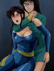  1980s_(style) 2girls asatani_mitsuko asphyxiation bare_shoulders black_hair bodysuit breasts brown_eyes brown_hair cat&#039;s_eye choke_hold cleavage detached_sleeves formal glasses headlock kisugi_hitomi large_breasts long_hair multiple_girls oldschool open_mouth retro_artstyle saliva shiny_clothes smile spandex strangling suit sweat tamanegiinyo tears tongue tongue_out 