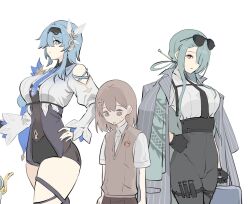  2023 20s 3girls age_difference black_gloves black_hairband black_necktie blue_archive blue_hair blue_necktie breast_envy breasts briefcase brown_eyes brown_hair brown_vest chest_strap closed_mouth collared_shirt crossover eula_(genshin_impact) eyewear_on_head flat_chest flower genshin_impact gloves green_hair grey_skirt hair_between_eyes hair_flower hair_ornament hair_over_one_eye hairband hand_on_own_hip height_difference high-waist_pants highres holding holding_briefcase jacket jacket_on_shoulders katze_(spongebob792) large_breasts long_hair long_sleeves looking_at_viewer looking_down matching_hair/eyes medium_hair mina_(blue_archive) misaka_mikoto multiple_girls necktie no_halo older_woman_and_younger_girl pants parted_lips pinstripe_jacket pinstripe_pattern purple_eyes red_eyes satou_rina school_uniform shirt short_sleeves sidelocks skirt small_breasts standing striped summer_uniform sunglasses sweat toaru_kagaku_no_railgun toaru_majutsu_no_index tokiwadai_school_uniform upper_body vest voice_actor_connection white_background white_shirt white_sleeves 