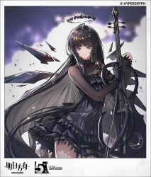  1girl arknights black_bodysuit black_dress black_eyes black_gloves black_hair blunt_bangs bodysuit border bow_(music) cello closed_mouth covered_collarbone cowboy_shot detached_wings dress glove_pull gloves halo highres holding holding_clothes holding_gloves holding_instrument instrument long_hair looking_at_viewer mole mole_under_eye pleated_dress ryuuzaki_ichi short_dress sidelocks smile solo straight_hair very_long_hair virtuosa_(arknights) watermark white_border wings 