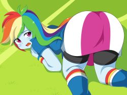 1girl all_fours artist_request ass bike_shorts blonde_hair blue_hair blue_skin blush boots breasts colored_skin cropped_jacket from_behind green_hair highres long_hair looking_at_viewer looking_back multicolored_hair my_little_pony my_little_pony:_equestria_girls my_little_pony:_friendship_is_magic open_mouth orange_hair purple_eyes purple_hair rainbow_dash rainbow_hair red_hair sideboob skirt solo tongue tongue_out top-down_bottom-up rating:Sensitive score:15 user:armorcrystal