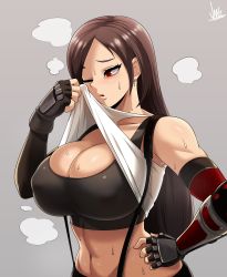  1girl abs absurdres arm_guards black_hair breasts cleavage clothes_lift final_fantasy final_fantasy_vii final_fantasy_vii_remake grey_background hand_on_own_hip highres jmg large_breasts lifted_by_self midriff muscular muscular_female navel shirt shirt_lift simple_background solo sports_bra steaming_body stomach suspenders sweat tank_top taut_clothes taut_shirt tifa_lockhart toned upper_body white_tank_top wiping_face  rating:Sensitive score:233 user:danbooru