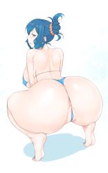  10s 1girl anus ass backboob bare_shoulders barefoot bikini blue_bikini blue_eyes blue_hair breasts cleft_of_venus feet gundam gundam_build_fighters highres huge_ass iori_rinko kneeling large_breasts libre light_smile lips looking_at_viewer looking_back matching_hair/eyes mature_female naughty_face partially_visible_anus partially_visible_vulva shadow shiny_skin short_hair sideboob simple_background solo squatting swimsuit thong_bikini tiptoes uncensored wedgie white_background  rating:Explicit score:136 user:Shadnic