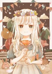  1girl apron balloon bear blue_eyes book book_stack border closed_mouth cloud dot_nose dress flower flower_wreath grey_dress highres holding holding_flower looking_at_viewer mokunoki original puffy_short_sleeves puffy_sleeves rabbit short_sleeves smile solo star_(sky) string_of_flags white_border white_hair 