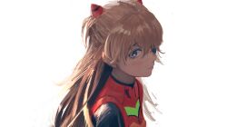 1girl absurdres ass blush bodysuit breasts brown_hair evangelion:_3.0_you_can_(not)_redo eyepatch highres interface_headset long_hair looking_at_viewer neon_genesis_evangelion plugsuit rebuild_of_evangelion red_bodysuit shiny_clothes simple_background solo souryuu_asuka_langley tsundere two_side_up ujin_holo upper_body white_background 