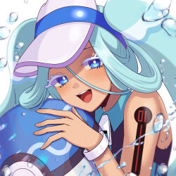  1girl ball beachball blue_eyes blue_hair colored_eyelashes creatures_(company) dive_ball game_freak hair_between_eyes hatsune_miku highres long_hair looking_at_viewer nintendo open_mouth poke_ball pokemon project_voltage sani_(saaanii) smile tan twintails visor_cap vocaloid water water_miku_(project_voltage)  rating:General score:4 user:danbooru
