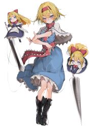  3girls alice_margatroid black_footwear blonde_hair blue_eyes blue_shirt blue_skirt blush boots capelet closed_mouth commentary_request cross-laced_footwear full_body hair_between_eyes hairband highres holding holding_sword holding_weapon hourai_doll looking_at_viewer multiple_girls red_hairband shanghai_doll shirt short_hair short_sleeves skirt smile standing sword touhou tsune_(tune) weapon white_capelet 