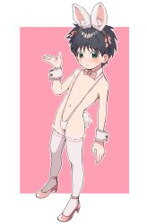  1boy animal_ears artist_request cosplay green_eyes highres male_focus rabbit_ears shota slingshot_swimsuit solo swimsuit trap  rating:Explicit score:56 user:lunitayue