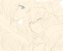 10s 1boy 1girl blue_eyes blush brother_and_sister coat dress edna_(tales) eizen_(tales) closed_eyes gloves hairband monochrome open_mouth short_hair siblings side_ponytail smile spot_color tales_of_(series) tales_of_berseria tales_of_zestiria tears white_background rating:Sensitive score:0 user:wereAR