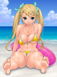  1girl beach bikini blonde_hair breasts cameltoe cleavage cross cross_necklace feet green_eyes highres jewelry long_hair navel necklace nipple_slip nipples original red-p sitting smile swimsuit thighhighs thighs twintails water yellow_bikini 