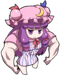  1girl biceps bow chibi crescent dress female_focus hair_bow hat jpeg_artifacts long_hair muscular oversized_forearms oversized_limbs patchouli_knowledge purple_eyes purple_hair solo striped teruki touhou vertical_stripes what 