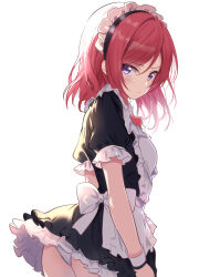  1girl absurdres alternate_costume annoyed apron ass black_dress blush borgbutler bow bowtie closed_mouth commentary cowboy_shot dress enmaided frilled_apron frills hair_between_eyes highres light_frown looking_at_viewer love_live! love_live!_school_idol_project maid maid_apron maid_headdress medium_hair nishikino_maki panties pantyshot puffy_short_sleeves puffy_sleeves purple_eyes red_hair ribbon short_hair short_sleeves sidelighting simple_background skirt solo standing tsurime underwear waist_apron white_apron white_background white_panties wrist_cuffs  rating:Sensitive score:18 user:danbooru