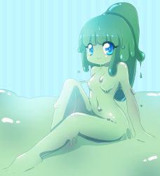  1girl blue_eyes breasts colored_skin green_hair green_skin monster_girl no_nose ponytail slime_girl small_breasts smile  rating:Questionable score:5 user:sexysexyz
