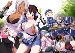 armband assisted_exposure belly belt beret black_belt black_bra black_headwear black_legwear black_skirt blonde_hair blouse blue_eyes blue_hair blue_headwear blue_skirt blurry blurry_background bottle bra breast_tattoo breasts brown_eyes brown_hair chest_tattoo cleavage closed_eyes collarbone collared_shirt dark-skinned_female dark_skin dress_shirt drunk empty_eyes female_pervert gespenst_zerlegen glasses gloves hand_on_another&#039;s_shoulder hand_on_own_thigh hat highres hina_(plunderer) holding holding_bottle jail_murdoch jewelry large_breasts licht_bach long_sleeves looking_down lyne_mei_(plunderer) military military_uniform minazuki_suu multicolored_hair nana_bassler official_art on_chair open_clothes open_mouth open_shirt pele_poporo pencil_skirt pervert pink_shirt plunderer raised_eyebrows shaded_face shirt single_bare_shoulder sitting skirt spread_legs squeans standing surprised table tattoo teeth thighhighs thighs tree triangle_mouth underwear uniform upper_teeth_only v-shaped_eyebrows white_gloves white_hair white_shirt white_skirt wing_collar wooden_table x_navel yuri