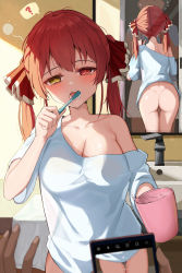 1boy 1girl ? absurdres ass blush bottomless breasts brushing_teeth cellphone cleavage collarbone commentary cup dark-skinned_male dark_skin faucet flying_sweatdrops hair_ribbon heterochromia highres holding holding_cup hololive houshou_marine indoors iro_(boo_iro) large_breasts long_hair mirror off_shoulder open_mouth phone pov red_eyes red_hair red_ribbon reflection revision ribbon shirt short_sleeves single_bare_shoulder sleepy smartphone speech_bubble spoken_question_mark tears thigh_gap toothbrush twintails virtual_youtuber water white_shirt yellow_eyes rating:Questionable score:84 user:danbooru
