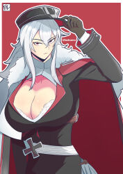 absurdres artist_logo artist_name azur_lane bra breasts cape cleavage cross fazkumo fur_trim gloves graf_zeppelin_(azur_lane) hair_between_eyes hat highres holding holding_clothes holding_hat iron_cross laced_bra large_breasts long_hair red_background red_eyes serious underwear white_hair 