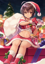  1girl bare_shoulders bell blush boots bow box breasts brown_eyes brown_hair capelet christmas christmas_ornaments christmas_tree closed_mouth commentary_request fur-trimmed_boots fur-trimmed_capelet fur-trimmed_gloves fur-trimmed_headwear fur-trimmed_skirt fur_trim gift gift_box gloves green_bow hair_between_eyes hands_up hat holding holding_sack idolmaster idolmaster_cinderella_girls kohinata_miho medium_breasts midriff migimaki_(migi_mawashi) navel red_capelet red_footwear red_gloves red_hat red_skirt sack santa_boots santa_gloves santa_hat sitting skirt smile snow solo standing star_(symbol)  rating:Sensitive score:7 user:danbooru