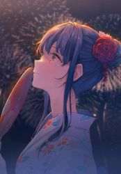 1girl blue_hair blush brown_eyes fireworks floral_print flower hair_bun hair_flower hair_ornament hand_fan hand_up highres holding holding_fan japanese_clothes kimono long_hair looking_up night original outdoors parted_lips red_flower reia solo white_kimono rating:General score:3 user:danbooru