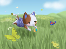  animal_crossing blue_sky bug butterfly grass insect jumping nintendo purrl_(animal_crossing) saint_bree sky 