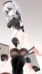 1girl 2b_(nier:automata) 2b_(nier:automata)_(cosplay) ? ass beret black_gloves black_hat blindfold blush breasts cellphone closed_mouth cosplay covered_erect_nipples from_behind from_below gloves grey_background hat highres kantai_collection kashima_(kancolle) leotard medium_breasts nier:automata nier_(series) oouso phone silver_hair skindentation smartphone solo_focus standing thighhighs twitter_username white_gloves white_leotard rating:Questionable score:32 user:danbooru