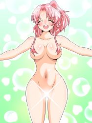  1girl blush breasts censored closed_eyes convenient_censoring curvy glowing gluteal_fold gradient_background hair_censor hair_over_breasts heart heart_background highres inabakun00 large_breasts long_hair looking_at_viewer navel nude open_mouth original outstretched_arms pink_hair ponytail rio_(inaba) smile solo sparkle spread_arms standing wide_hips 