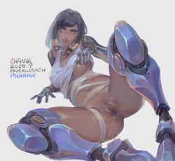  1girl absurdres anus armor black_hair bottomless braid breasts change_(437483723) clothes_lift dark-skinned_female dark_skin facial_tattoo female_focus greaves highres looking_at_viewer nipple_slip nipples one_breast_out overwatch overwatch_1 pharah_(overwatch) pussy shirt_lift solo tattoo third-party_edit twin_braids uncensored  rating:Explicit score:53 user:Saru