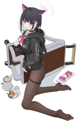  1girl animal_ears black_choker black_hair black_hoodie black_jacket black_pantyhose blue_archive cake cart cat_ears choker colored_inner_animal_ears colored_inner_hair cup extra_ears food food_in_mouth full_body halo hood hooded_jacket hoodie jacket kazusa_(blue_archive) kneeling looking_at_viewer mouth_hold multicolored_hair neckerchief no_pants no_shoes pantyhose pink_halo pink_neckerchief red_eyes short_hair solo teacup teapot thighband_pantyhose toki88909 trinity_general_school_logo white_background 