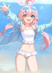  1girl :d ahoge arm_up bare_shoulders bikini blue_archive blue_eyes blue_jacket blurry blurry_background breasts cowboy_shot crossed_bangs day eyewear_on_head flipped_hair floating_hair frilled_bikini frills gluteal_fold hair_between_eyes halo heterochromia horizon hoshino_(blue_archive) huge_ahoge jacket katuko_deluxe lens_flare light_blush long_hair long_sleeves looking_at_viewer low_twintails navel ocean off_shoulder open_clothes open_jacket open_mouth outdoors outstretched_arms outstretched_hand pink_hair pink_halo small_breasts smile solo standing sunglasses swimsuit twintails wading water white_bikini yellow_eyes 