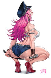  1girl absurdres ass back blue_shorts breasts chain commentary crop_top cutoffs denim denim_shorts english_commentary final_fight full_body hat high_heels highres holding holding_whip juaag_acgy long_hair looking_back muscular muscular_female peaked_cap pink_hair poison_(final_fight) red_footwear short_shorts shorts simple_background solo squatting street_fighter tank_top tongue tongue_out white_background white_tank_top 