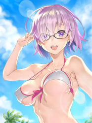 1girl :d adapted_uniform arm_up armpits bare_arms bare_shoulders bikini blue_sky breasts cloud collarbone day eyes_visible_through_hair fate/grand_order fate_(series) fingernails front-tie_bikini_top front-tie_top glasses hair_over_one_eye halterneck highres lens_flare looking_at_viewer mash_kyrielight mash_kyrielight_(swimsuit_of_perpetual_summer) medium_breasts official_alternate_costume open_mouth palm_tree pink_hair pink_ribbon purple_eyes revision ribbon round_teeth sage_joh short_hair sky smile solo strap_gap swimsuit tareme teeth tree underboob upper_body rating:Questionable score:41 user:danbooru
