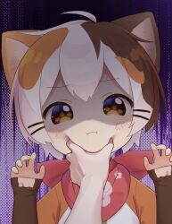  1boy 1other angry animal_ears artist_request bandana calico cat_boy cat_ears cheek_pinching child commission disembodied_hand indie_virtual_youtuber long_sleeves looking_at_viewer male_focus meme paw-shaped_pupils pinching pov_cheek_grabbing_(meme) red_bandana second-party_source short_hair solo_focus symbol-shaped_pupils tatamaru_(vtuber) upper_body virtual_youtuber 