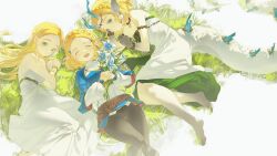 3girls ^_^ armlet bare_shoulders barefoot black_pants blonde_hair blue_eyes blue_shirt bouquet bracelet braid closed_eyes crown_braid dragon_girl dragon_horns dragon_tail dress expressionless feet flower from_above grass green_eyes highres holding holding_bouquet horns jewelry light_dragon_(zelda) long_hair lying magatama magatama_necklace multiple_girls necklace nintendo on_back on_ground on_side open_mouth pants pointy_ears princess_zelda shirt silent_princess sleeveless sleeveless_dress smile spoilers tail the_legend_of_zelda the_legend_of_zelda:_breath_of_the_wild the_legend_of_zelda:_tears_of_the_kingdom white_dress wristband yun_(dl2n5c7kbh8ihcx) 