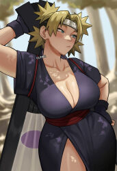 1girl blonde_hair blush breasts cleavage curvy female_focus fingerless_gloves gloves green_eyes gud0c hand_fan hand_on_own_hip headband highres large_breasts naruto_(series) naruto_shippuuden paper_fan short_hair solo temari_(naruto) thick_thighs thighs wide_hips rating:Sensitive score:100 user:catonfire26