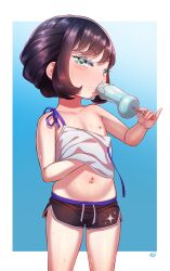  1girl absurdres bare_shoulders black_hair black_shorts blue_eyes blush born-to-die collarbone cowboy_shot dolphin_shorts eating female_focus flat_chest food food_in_mouth freckles hand_under_clothes hand_under_shirt highres holding holding_food holding_popsicle loli looking_at_viewer midriff navel nipples original popsicle popsicle_in_mouth sexually_suggestive shirt short_hair short_shorts shorts sidelocks sleeveless sleeveless_shirt solo stomach strap_slip sweat thighs  rating:Explicit score:241 user:MonsieurCinq