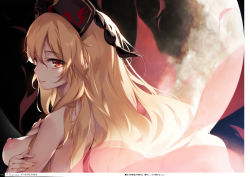 1girl absurdres backlighting black_hat blonde_hair breast_hold breasts closed_mouth completely_nude eyebrows fingernails from_side full_moon hair_between_eyes hat highres junko_(touhou) ke-ta large_areolae lips long_hair looking_at_viewer medium_breasts moon moonlight night nipples non-web_source nude outdoors red_eyes red_moon sidelocks smile solo tassel touhou translation_request upper_body very_long_hair rating:Questionable score:24 user:danbooru