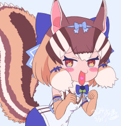  1girl animal_ears belt blue_background brown_eyes brown_hair chipmunk_ears chipmunk_girl chipmunk_tail elbow_gloves extra_ears gloves kemono_friends kemono_friends_v_project kitsunetsuki_itsuki looking_at_viewer microphone ribbon shirt short_hair shorts siberian_chipmunk_(kemono_friends) simple_background sleeveless sleeveless_shirt solo tail vest virtual_youtuber 